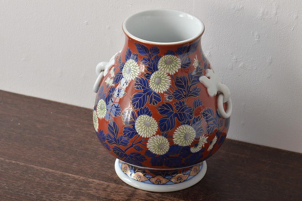 戦前　オールド香蘭社　菊文耳付花瓶(花器)(R-044324)