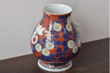 戦前　オールド香蘭社　菊文耳付花瓶(花器)(R-044324)