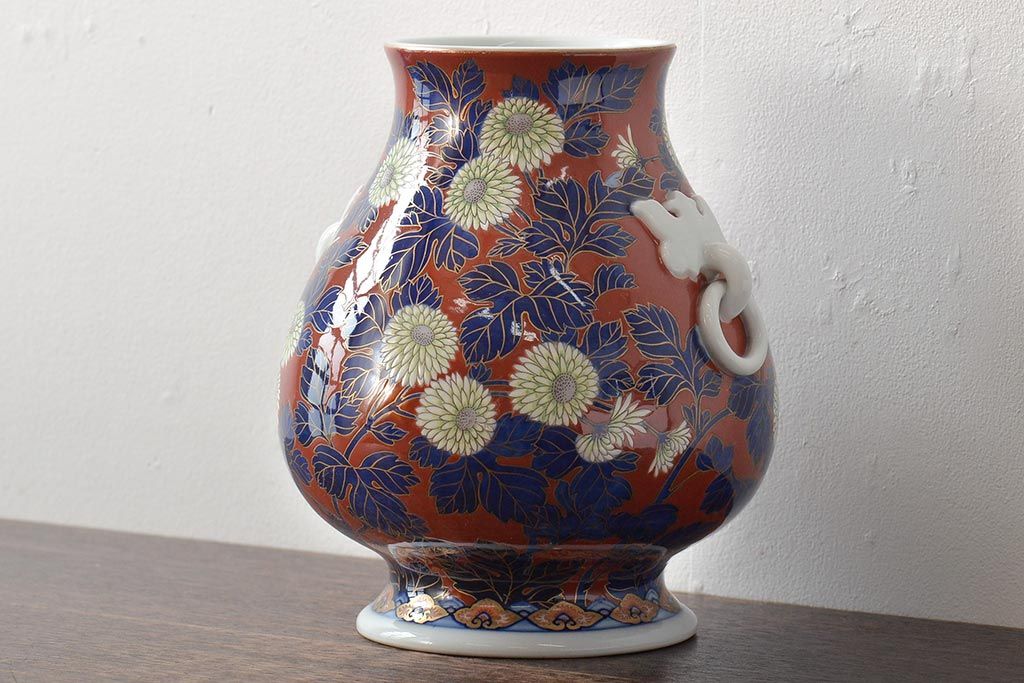 戦前　オールド香蘭社　菊文耳付花瓶(花器)(R-044324)