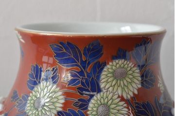 戦前　オールド香蘭社　菊文耳付花瓶(花器)(R-044324)