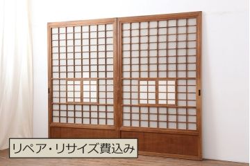 アンティーク建具　昭和初期　風情のある空間づくりにおすすめな引分猫間障子戸2枚セット(引き戸、建具)(R-044337)