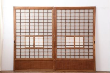 アンティーク建具　昭和初期　風情のある空間づくりにおすすめな引分猫間障子戸2枚セット(引き戸、建具)(R-044337)
