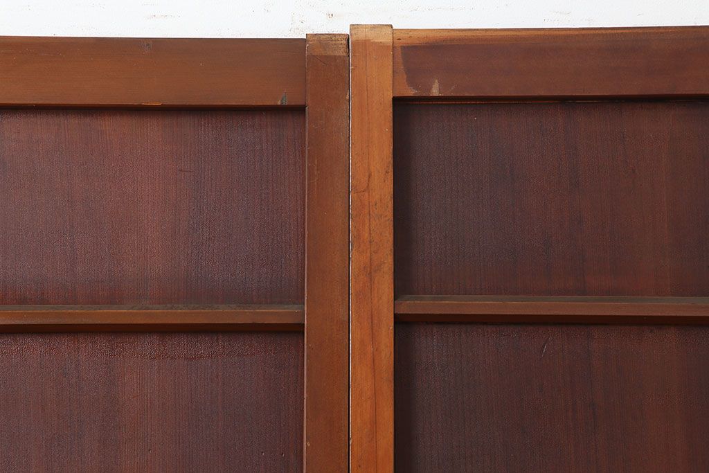 アンティーク建具　大正昭和初期　赤みがかった古い木の風合いが趣のある舞良戸2枚セット(板戸、引き戸)(R-044340)