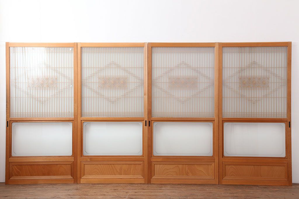 中古　昭和後期　角麻文様　すりガラス　明るい和の空間を演出する組子ガラス戸4枚セット(引き戸、建具)(R-044359)