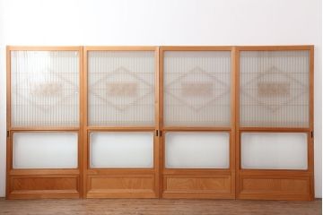 中古　昭和後期　角麻文様　すりガラス　明るい和の空間を演出する組子ガラス戸4枚セット(引き戸、建具)(R-044359)
