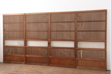 アンティーク建具　裏障子付き　銀モールガラス入り　和風の空間づくりにおすすめな格子戸4枚セット(ガラス帯戸、引き戸、建具)(R-044360)