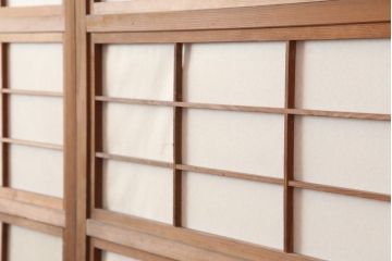 アンティーク建具　裏障子付き　銀モールガラス入り　和風の空間づくりにおすすめな格子戸4枚セット(ガラス帯戸、引き戸、建具)(R-044360)
