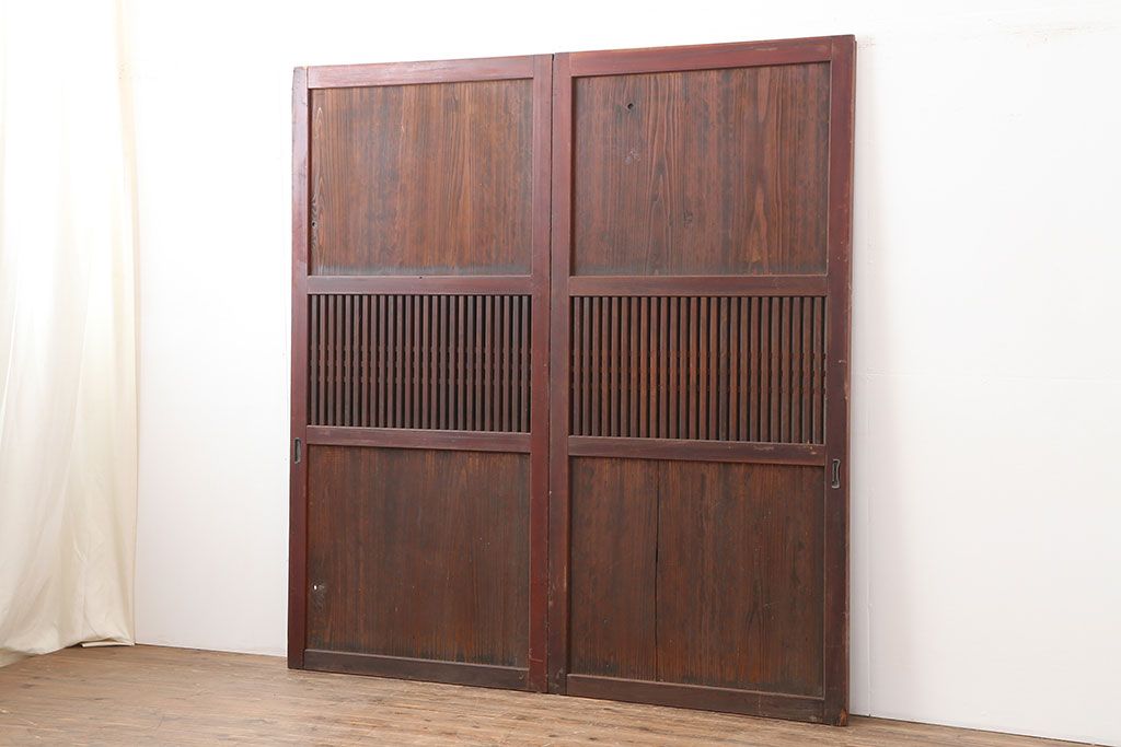 アンティーク建具　和製アンティーク　明治期　経年による味わいが魅力的な格子帯戸2枚セット(板戸、建具、引き戸)(R-044362)