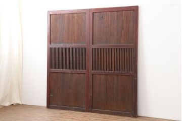 アンティーク建具　和製アンティーク　明治期　経年による味わいが魅力的な格子帯戸2枚セット(板戸、建具、引き戸)(R-044362)