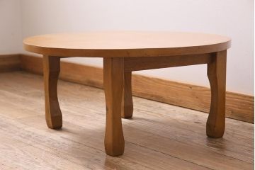ビンテージ家具　昭和中期　タモ材　珍しいデザインのレトロな丸ちゃぶ台(座卓、折り畳みテーブル)(R-044376)