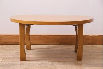 ビンテージ家具　昭和中期　タモ材　珍しいデザインのレトロな丸ちゃぶ台(座卓、折り畳みテーブル)(R-044376)