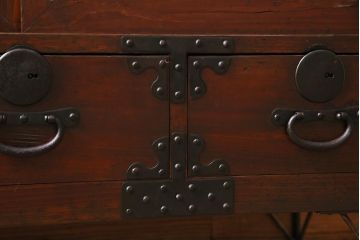 アンティーク家具　明治大正期　前面ケヤキ材　鋲金具が存在感のあるローボード(テレビボード、リビングボード、テレビ台)(R-044382)
