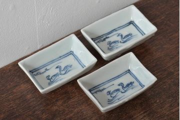 江戸期　鳥の図　染付豆角皿3枚(天塩皿、醤油皿)(R-044391)