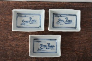 江戸期　鳥の図　染付豆角皿3枚(天塩皿、醤油皿)(R-044391)