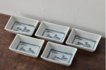 江戸期　鳥の図　染付豆角皿5枚(天塩皿、醤油皿)(R-044392)