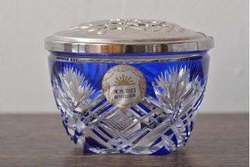 小林英夫　笹の葉切子鉢　遠藤兆映彫金蓋(HOYAガラス)(R-044393)