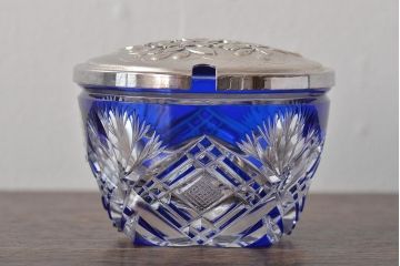 小林英夫　笹の葉切子鉢　遠藤兆映彫金蓋(HOYAガラス)(R-044393)