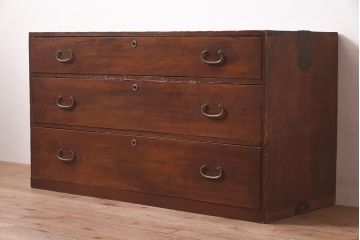 アンティーク家具　昭和初期　モダンなリメイクのローチェスト・3段(サイドボード、引き出し分割、衣装箪笥)(R-044401)