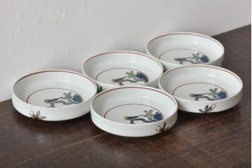 明治〜大正　九谷焼色絵　角福　花鳥図　皿5枚(深皿)(R-044415)