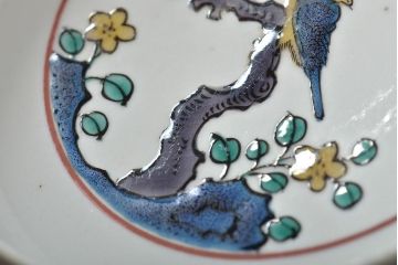 明治〜大正　九谷焼色絵　角福　花鳥図　皿5枚(深皿)(R-044415)