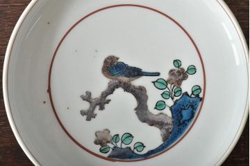 明治〜大正　九谷焼色絵　角福　花鳥図　皿5枚(深皿)(R-044415)