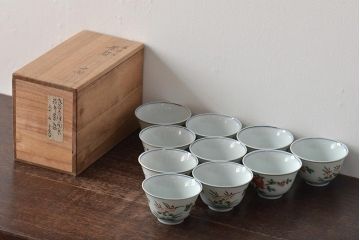九谷陶源製　九谷赤絵茶碗10客(茶道具、共箱)(R-044418)