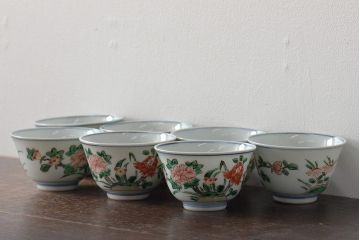 九谷陶源製　九谷赤絵茶碗7客(茶道具、共箱)(R-044419)