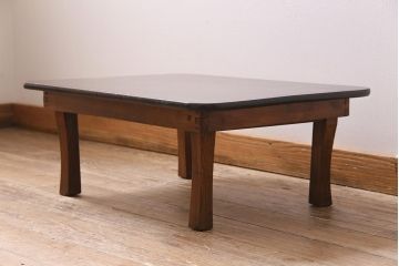 アンティーク家具　昭和初期　栓材・玉杢　渋い味わいのレトロな角ちゃぶ台(折りたたみテーブル、座卓、ローテーブル)(R-044507)