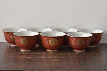 明治〜大正　九谷焼　菊文金彩赤絵茶碗7客(R-044533)