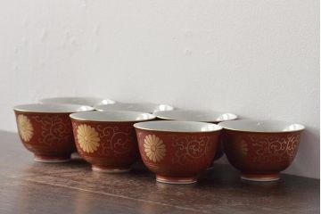 明治〜大正　九谷焼　菊文金彩赤絵茶碗7客(R-044533)