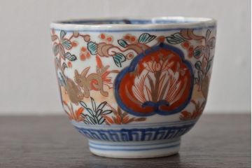 幕末〜明治　伊万里焼　色絵金彩兎図　蕎麦猪口3客(R-044536)