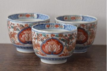 幕末〜明治　伊万里焼　色絵金彩兎図　蕎麦猪口3客(R-044537)