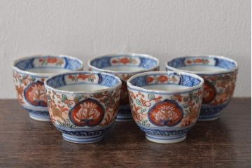 幕末〜明治　伊万里焼　色絵金彩兎図　猪口5客(向付)(R-044539)