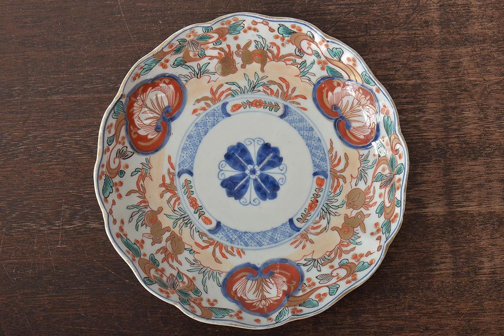 幕末〜明治　伊万里焼　色絵金彩兎図　7寸皿3枚(中皿)(R-044540)