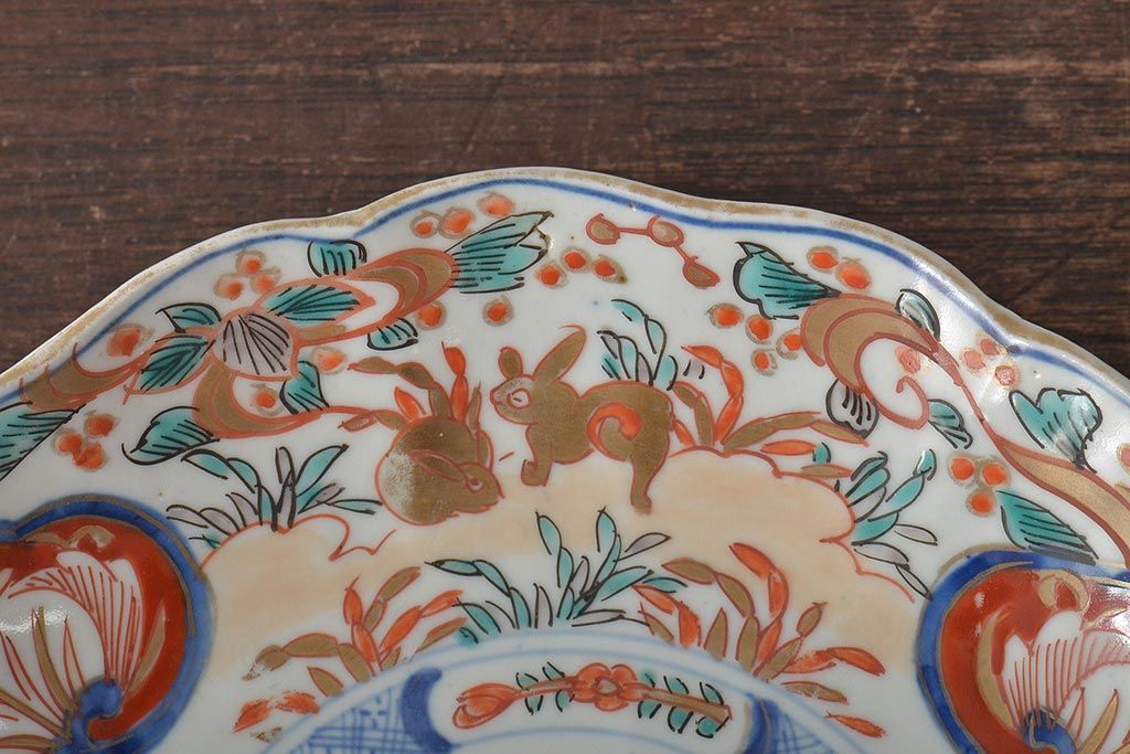 幕末〜明治　伊万里焼　色絵金彩兎図　7寸皿3枚(中皿)(R-044540)
