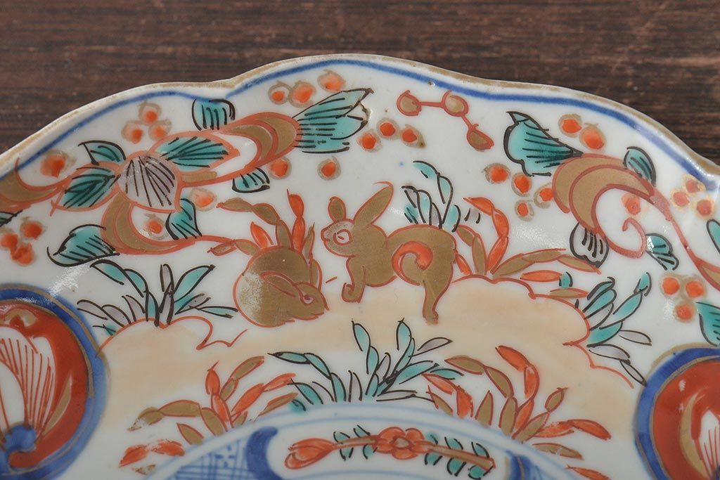 幕末〜明治　伊万里焼　色絵金彩兎図　7寸皿3枚(中皿)(R-044540)