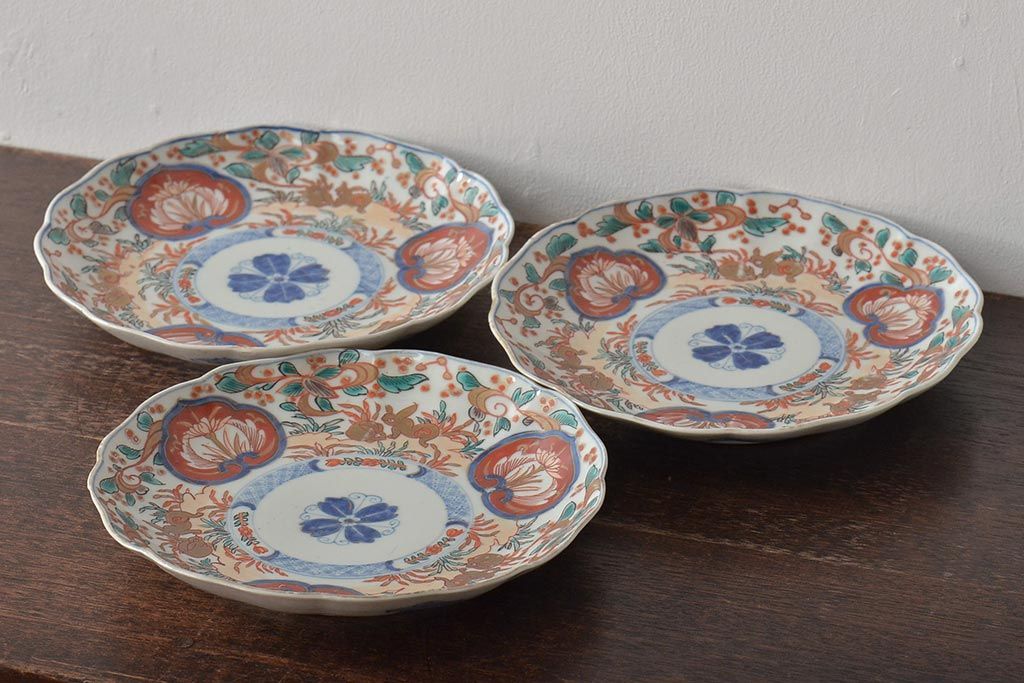 幕末〜明治　伊万里焼　色絵金彩兎図　7寸皿3枚(中皿)(R-044541)