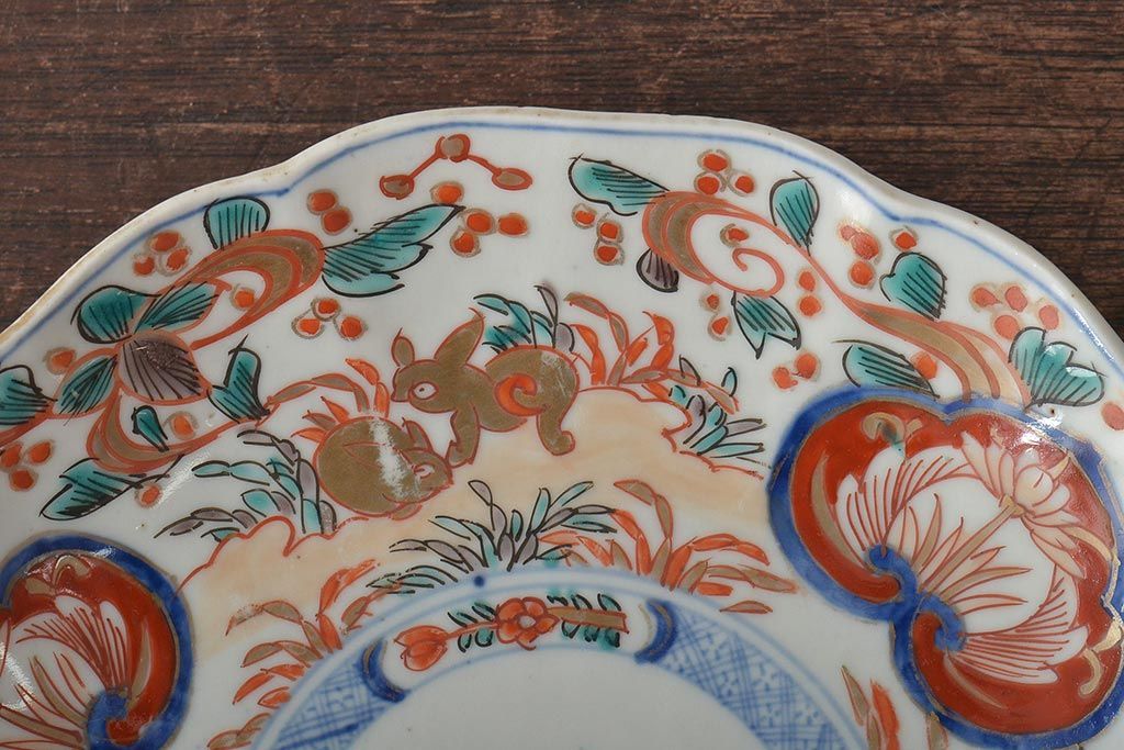 幕末〜明治　伊万里焼　色絵金彩兎図　7寸皿3枚(中皿)(R-044541)