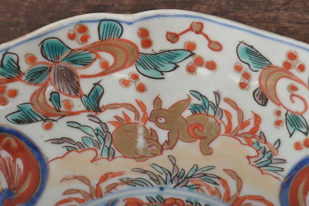 幕末〜明治　伊万里焼　色絵金彩兎図　7寸皿3枚(中皿)(R-044541)