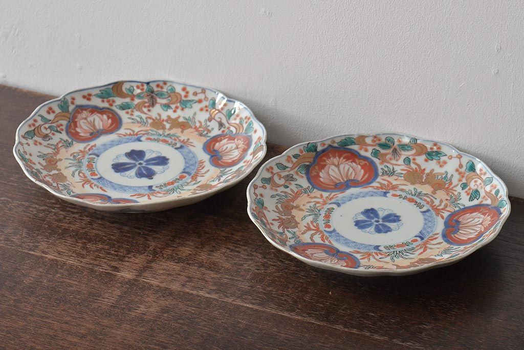 幕末〜明治　伊万里焼　色絵金彩兎図　7寸皿2枚(中皿)(R-044542)