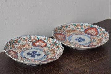 幕末〜明治　伊万里焼　色絵金彩兎図　7寸皿2枚(中皿)(R-044542)