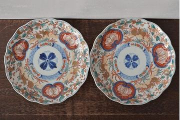 幕末〜明治　伊万里焼　色絵金彩兎図　7寸皿2枚(中皿)(R-044542)