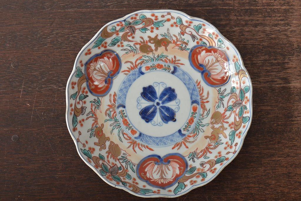 幕末〜明治　伊万里焼　色絵金彩兎図　7寸皿2枚(中皿)(R-044542)