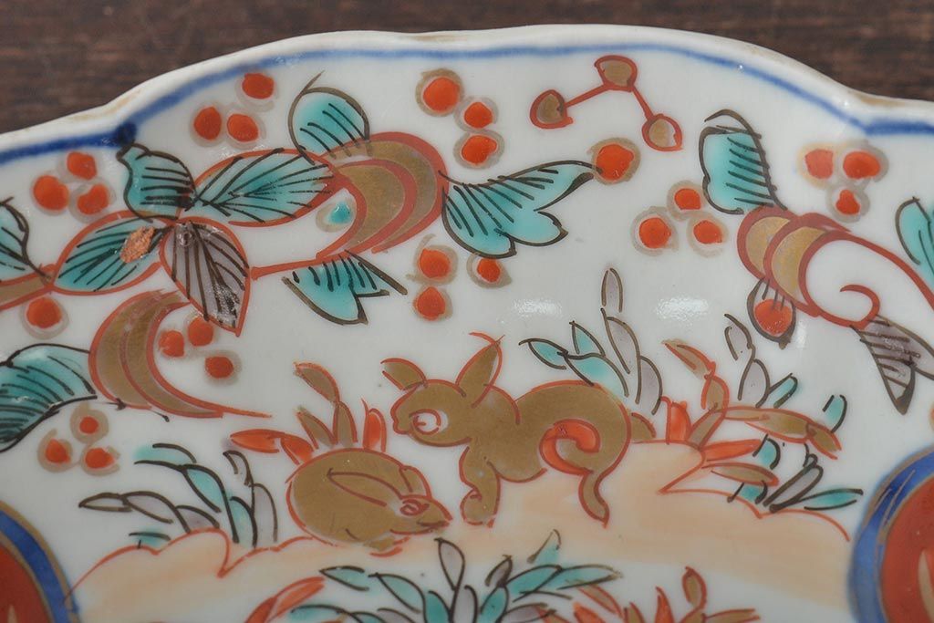 幕末〜明治　伊万里焼　色絵金彩兎図　7寸皿2枚(中皿)(R-044542)