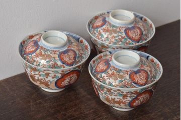幕末〜明治　伊万里焼　色絵金彩兎図　蓋茶碗3客(和食器)(R-044543)