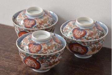 幕末〜明治　伊万里焼　色絵金彩兎図　蓋茶碗3客(和食器)(R-044543)
