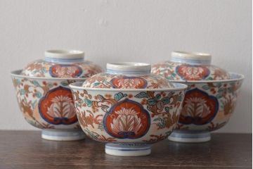 幕末〜明治　伊万里焼　色絵金彩兎図　蓋茶碗3客(和食器)(R-044543)