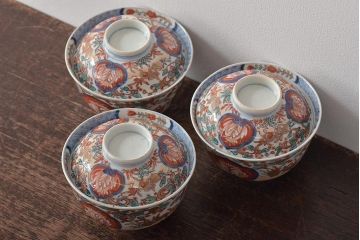 幕末〜明治　伊万里焼　色絵金彩兎図　蓋茶碗3客(和食器)(R-044543)