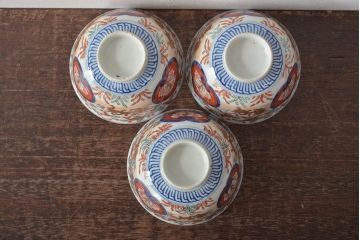 幕末〜明治　伊万里焼　色絵金彩兎図　蓋茶碗3客(和食器)(R-044543)