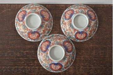 幕末〜明治　伊万里焼　色絵金彩兎図　蓋茶碗3客(和食器)(R-044543)